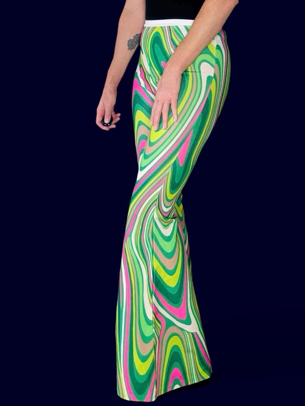 Retro Pink Green Psychedelic Printed Hippie Festival High Rise Flare Pants - Picture 2 of 9